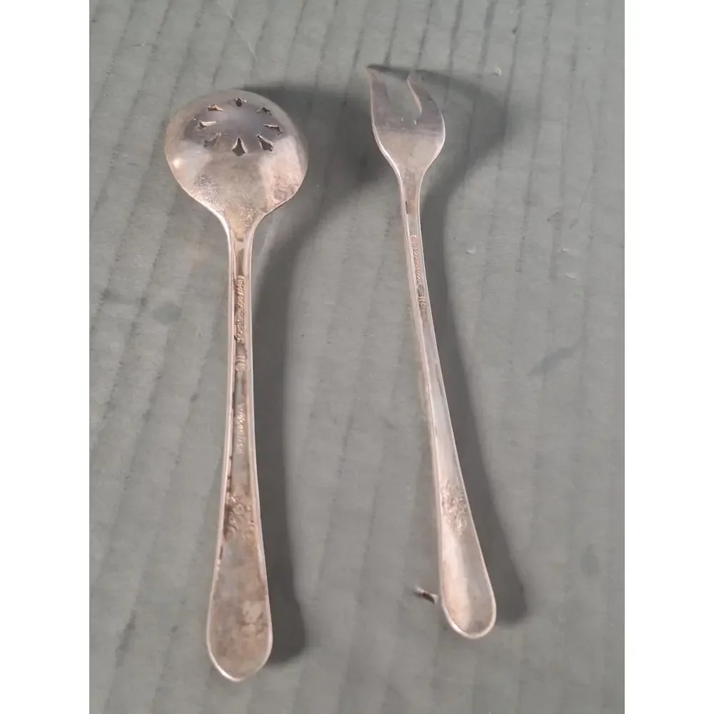 1847 Rogers Bros Adoration Silverplate Pickle Fork Pierced Serving Spoon Set